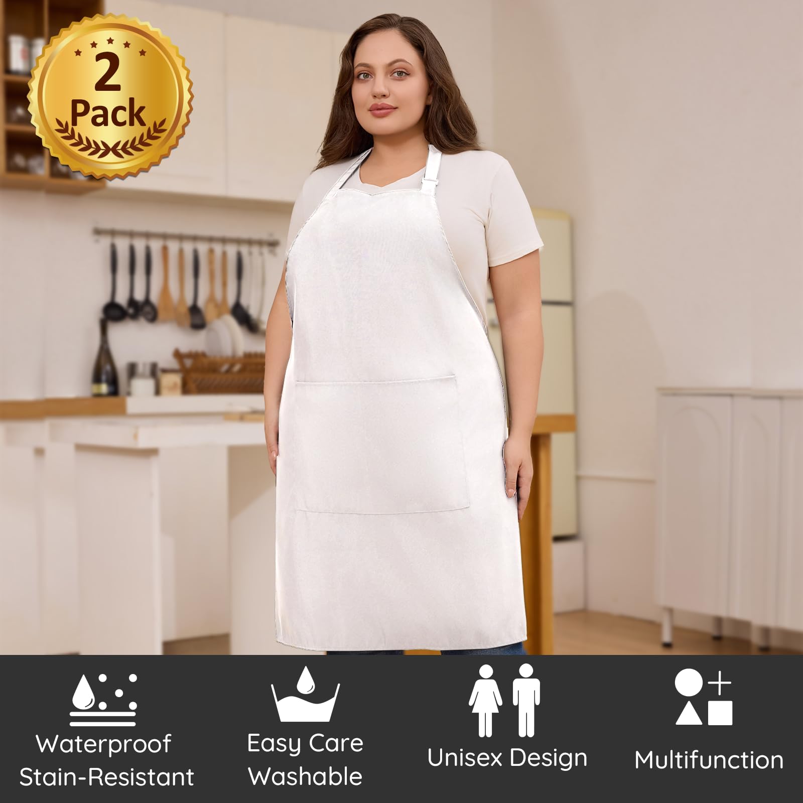 FunChaos plus-size white apron back view with adjustable strap for a comfortable fit