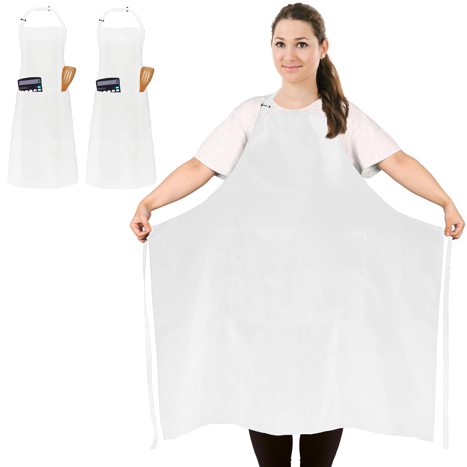 FunChaos plus-size white apron front view with two pockets protects clothes while cooking