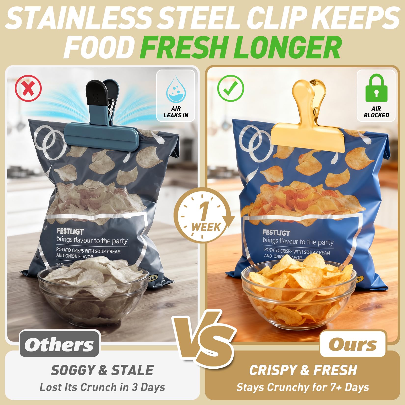 FUNFERY rose-gold bag clips securing snack bags in the pantry