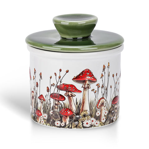 Fungi Fun mushroom butter crock front view on countertop for easy spreading
