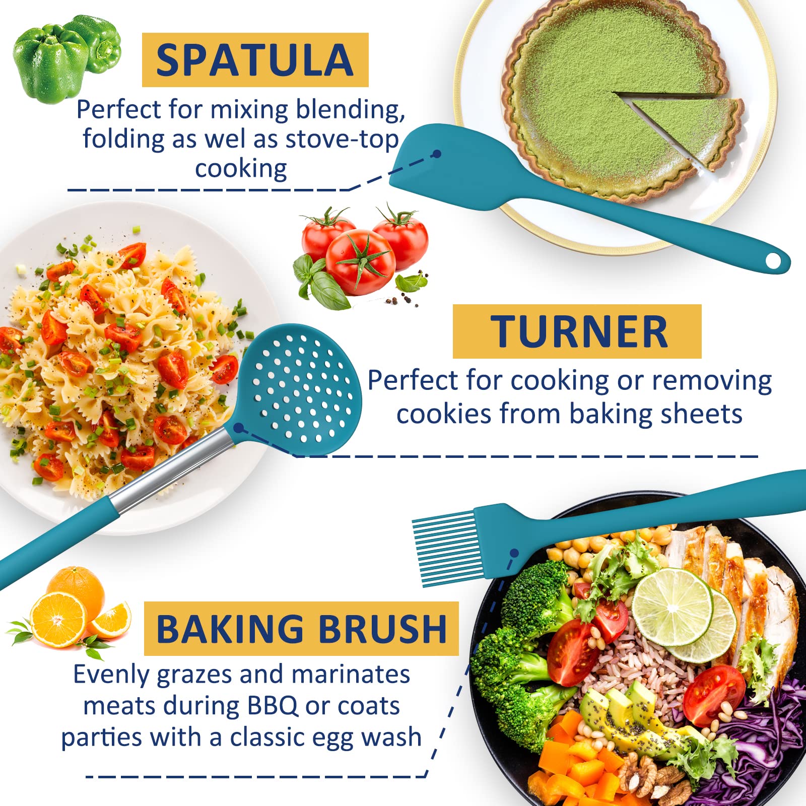 Fungun heat-resistant blue utensils ready for high-heat cooking up to 230°C.