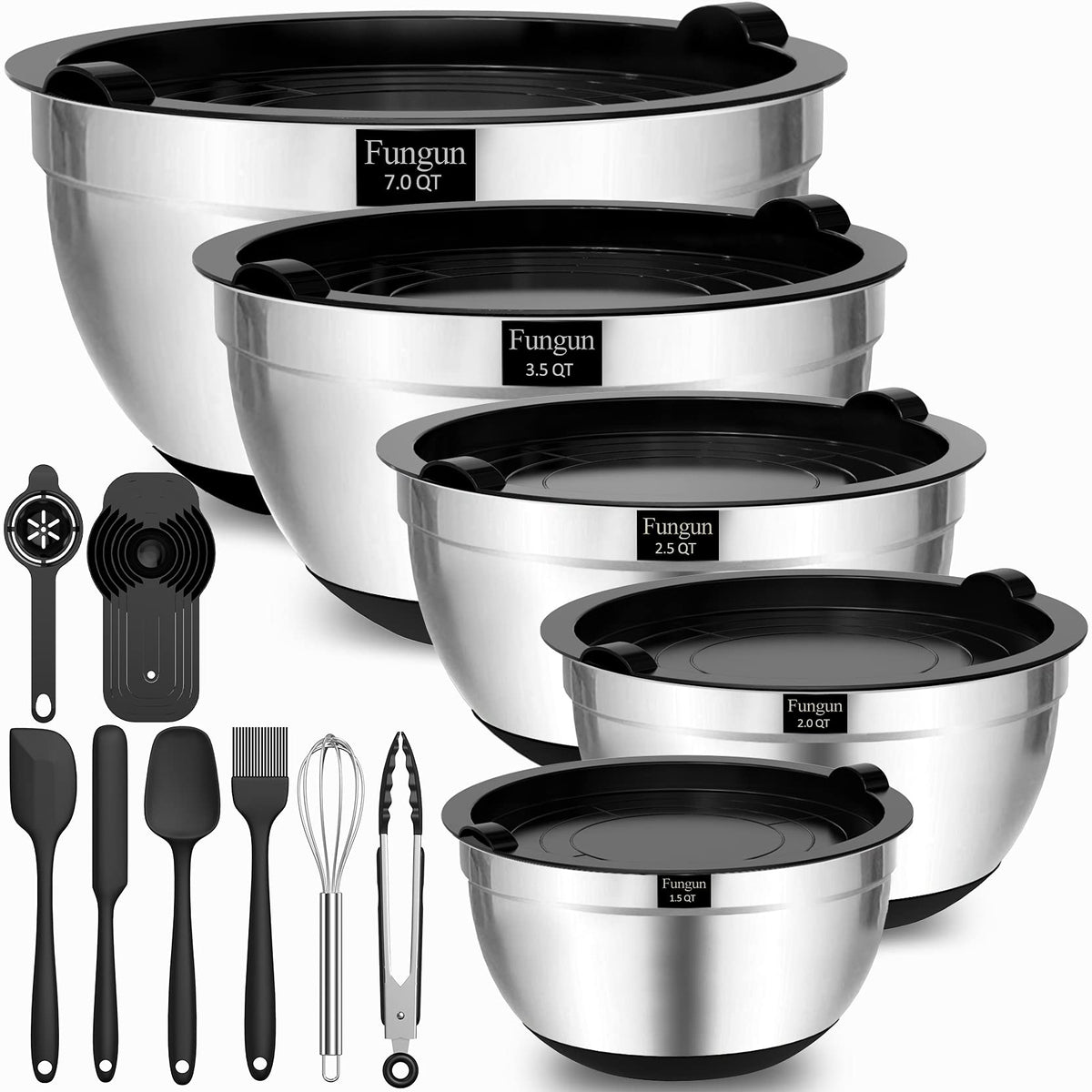 Fungun mixing bowls shown nested for compact storage.