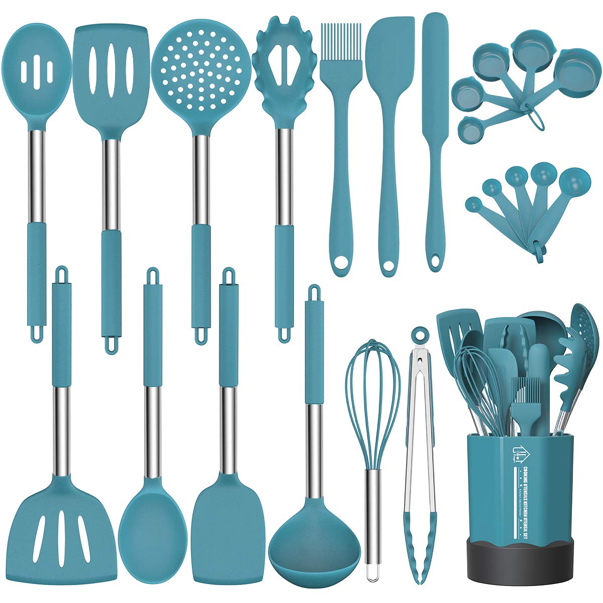 Fungun blue 24-piece silicone utensils set for non-stick cookware protection.