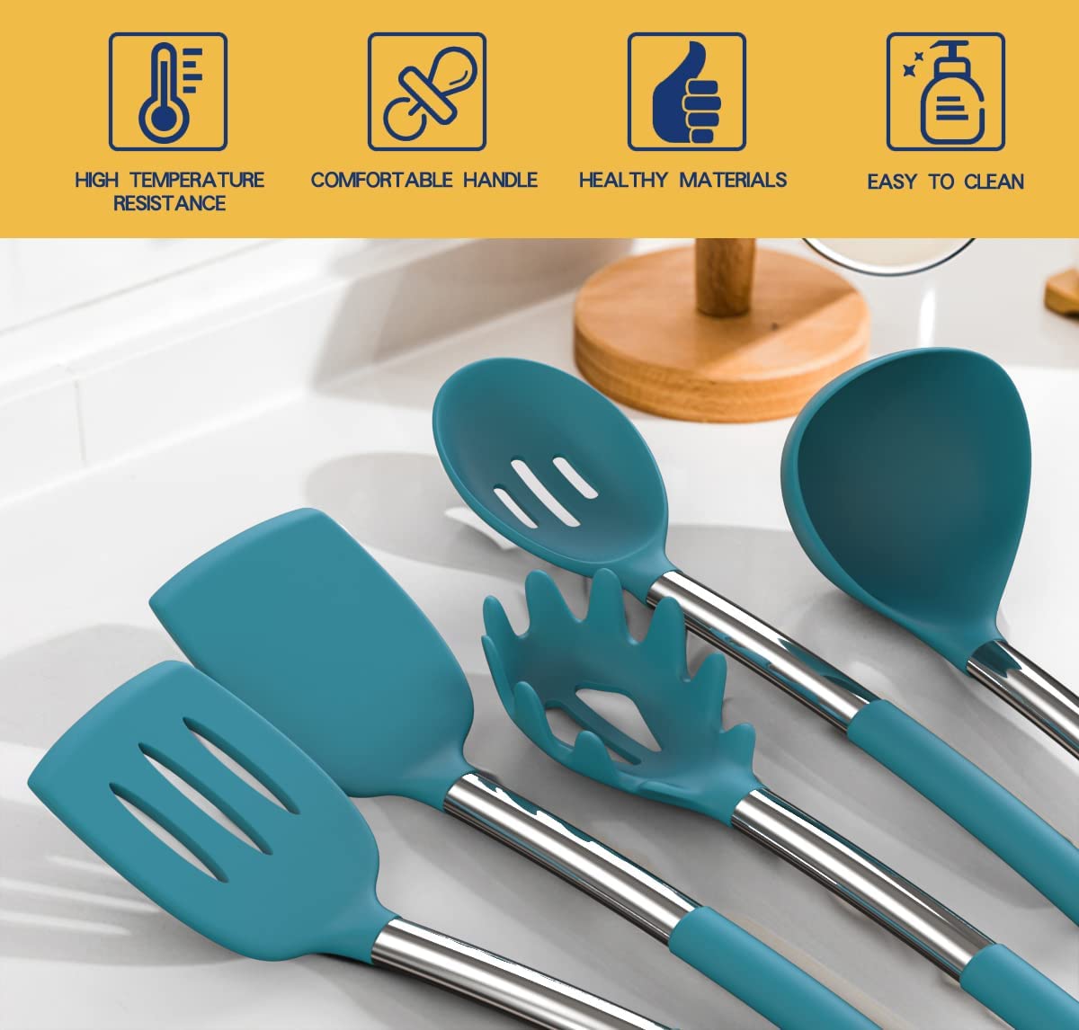 Fungun stainless steel-handle detail shows durable grip for comfortable stirring.