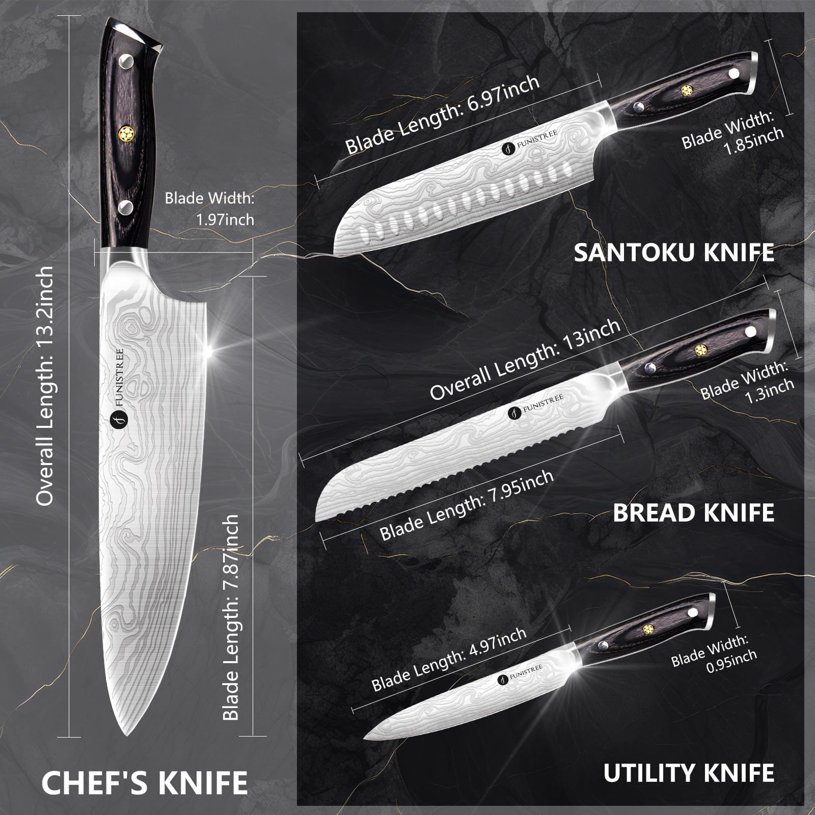 Funistree 7-inch Santoku knife for versatile chopping and mincing.
