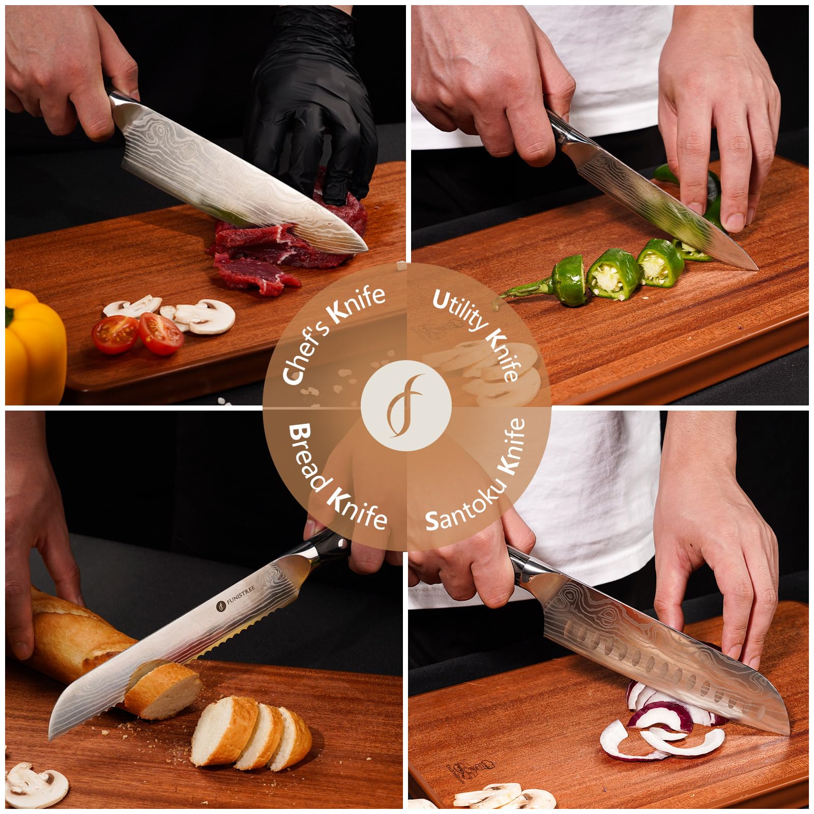Funistree 8-inch chef knife for precise slicing of meats and produce.