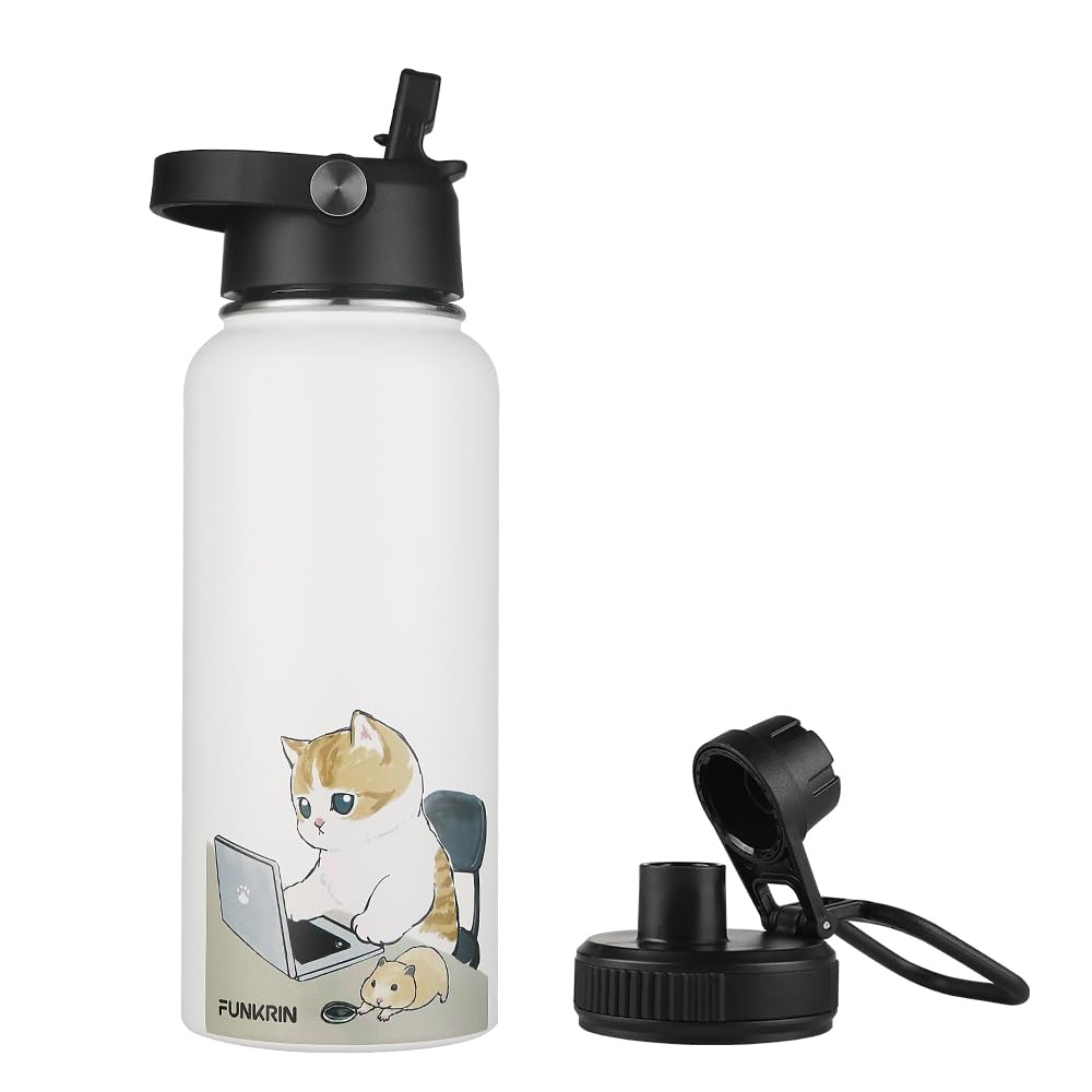 Funkrin 32oz insulated bottle with dual lids for convenient hot or cold beverages.