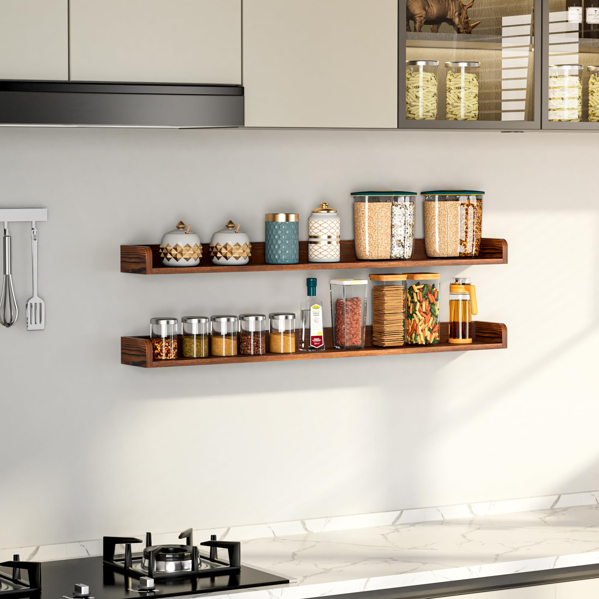 Fun Memories pine wood shelf closeup, durable finish ready for daily kitchen use.