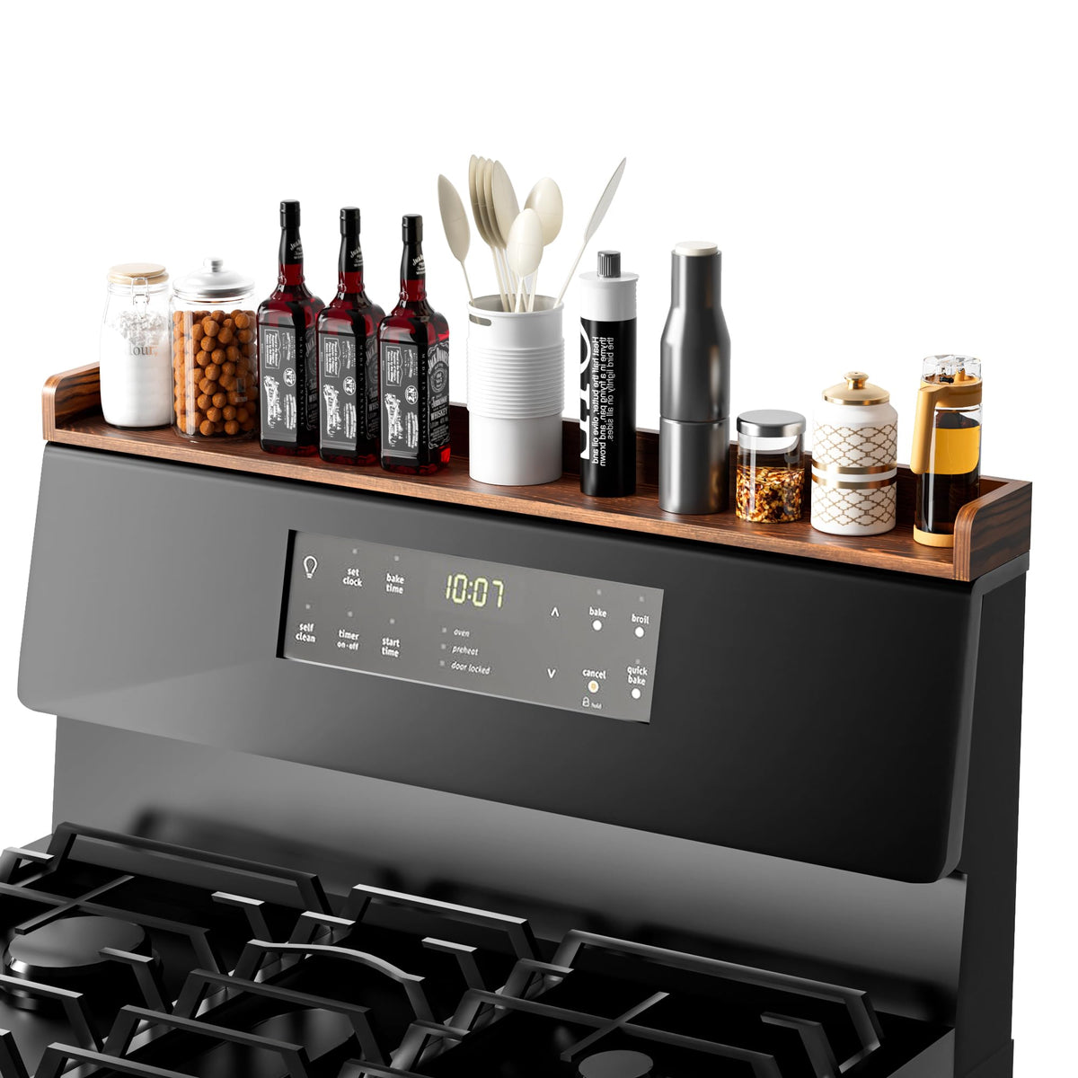 Fun Memories stove top shelf on the stove with magnetic bottom for quick spice access.