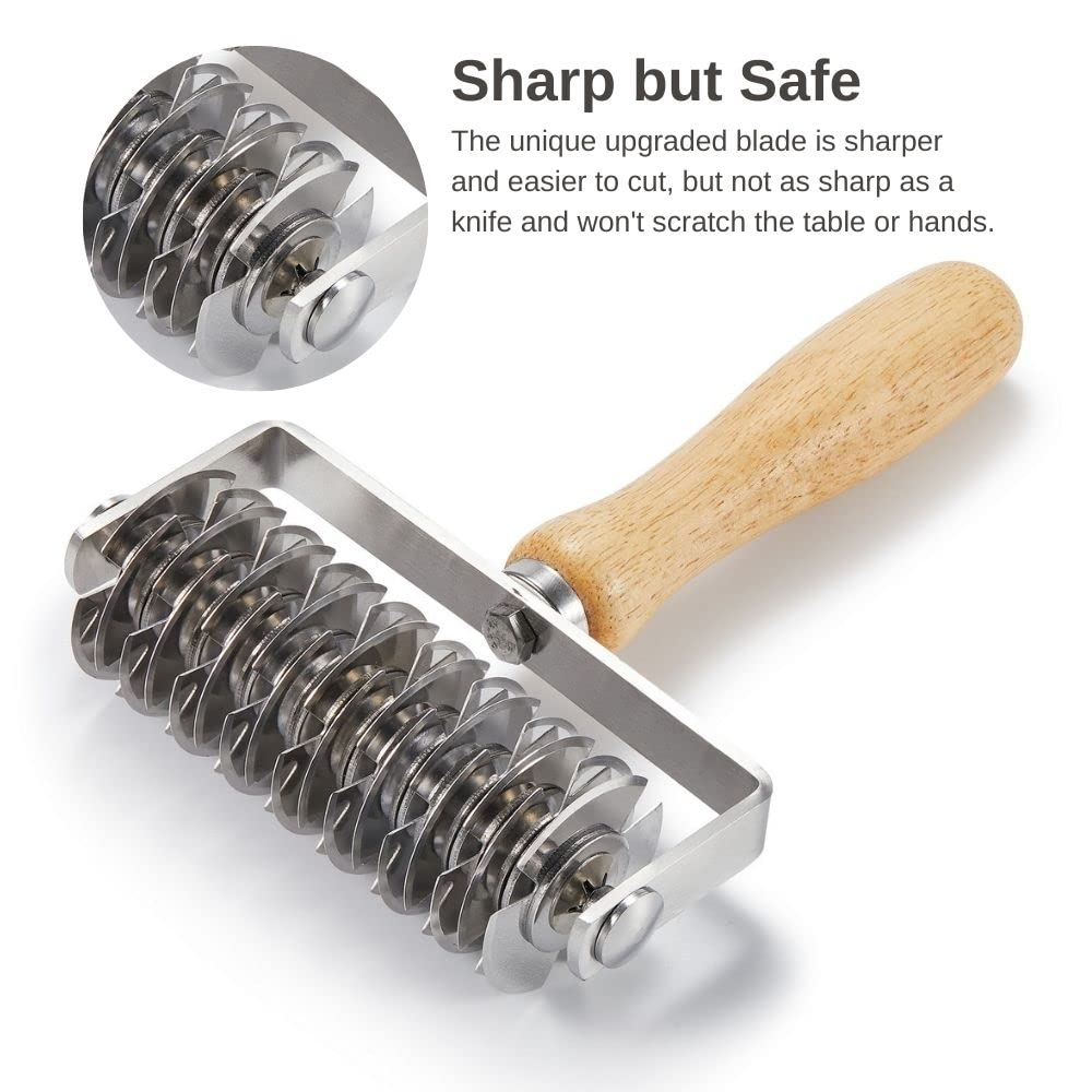 Funnans wooden-handle closeup shows sharp upgraded blade for clean cuts.