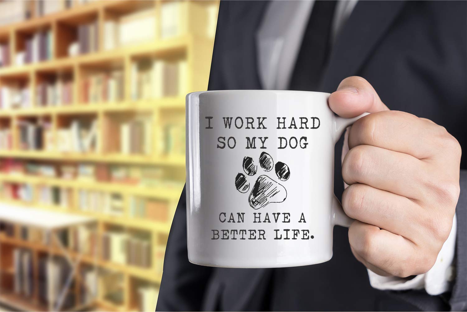 Funnwear dog lover mug closeup, crisp ceramic print.