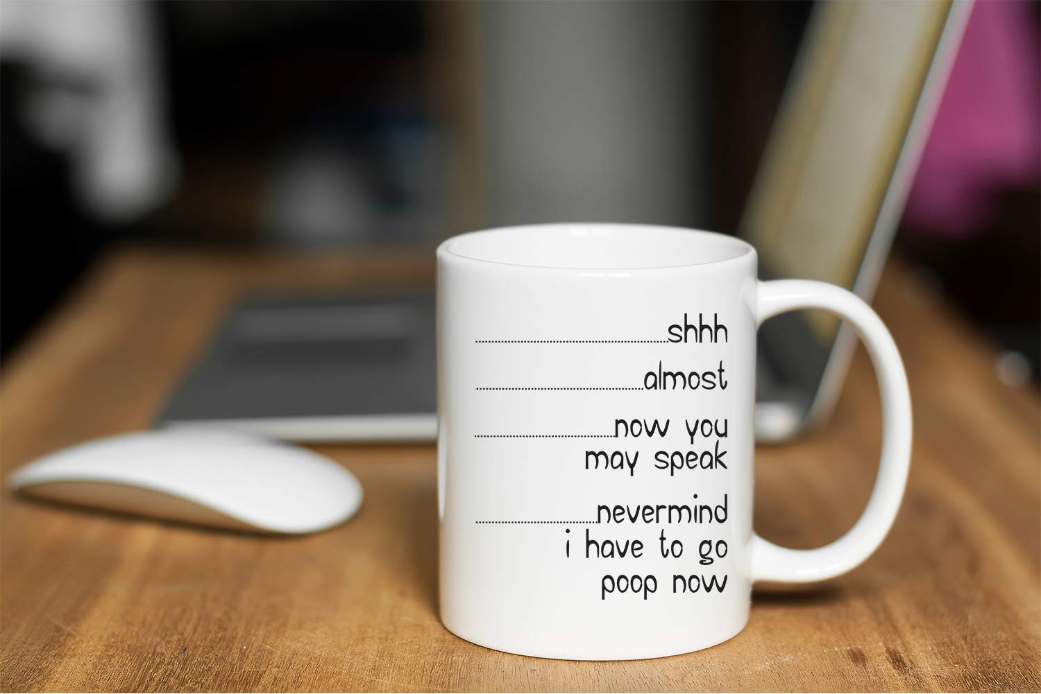 Funnwear Shh mug close up text highlights sarcastic joke and daily coffee ritual.