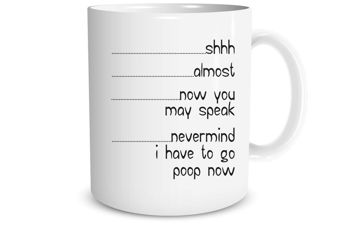 Funnwear Shh mug front and back design for bold office humor and conversation starter.