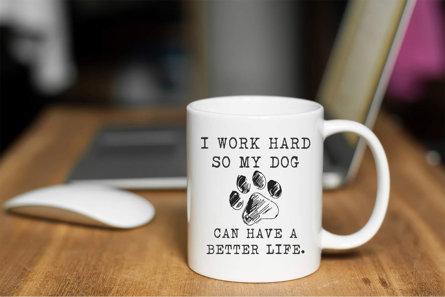 Funnwear I Work Hard mug back view, doubles as a conversation starter.