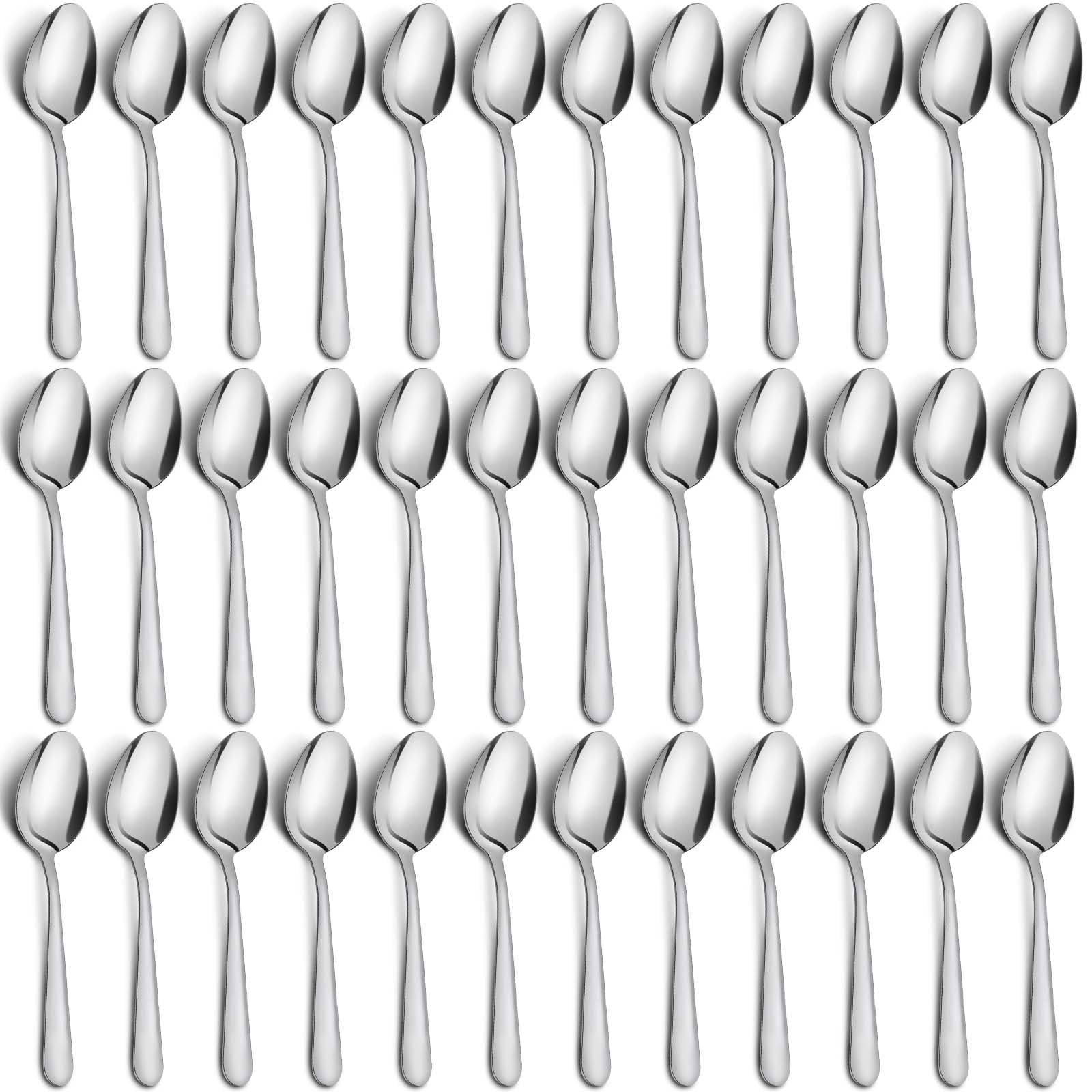 Funnydin 36-piece teaspoon set in a kitchen drawer with mirror-polished finish.