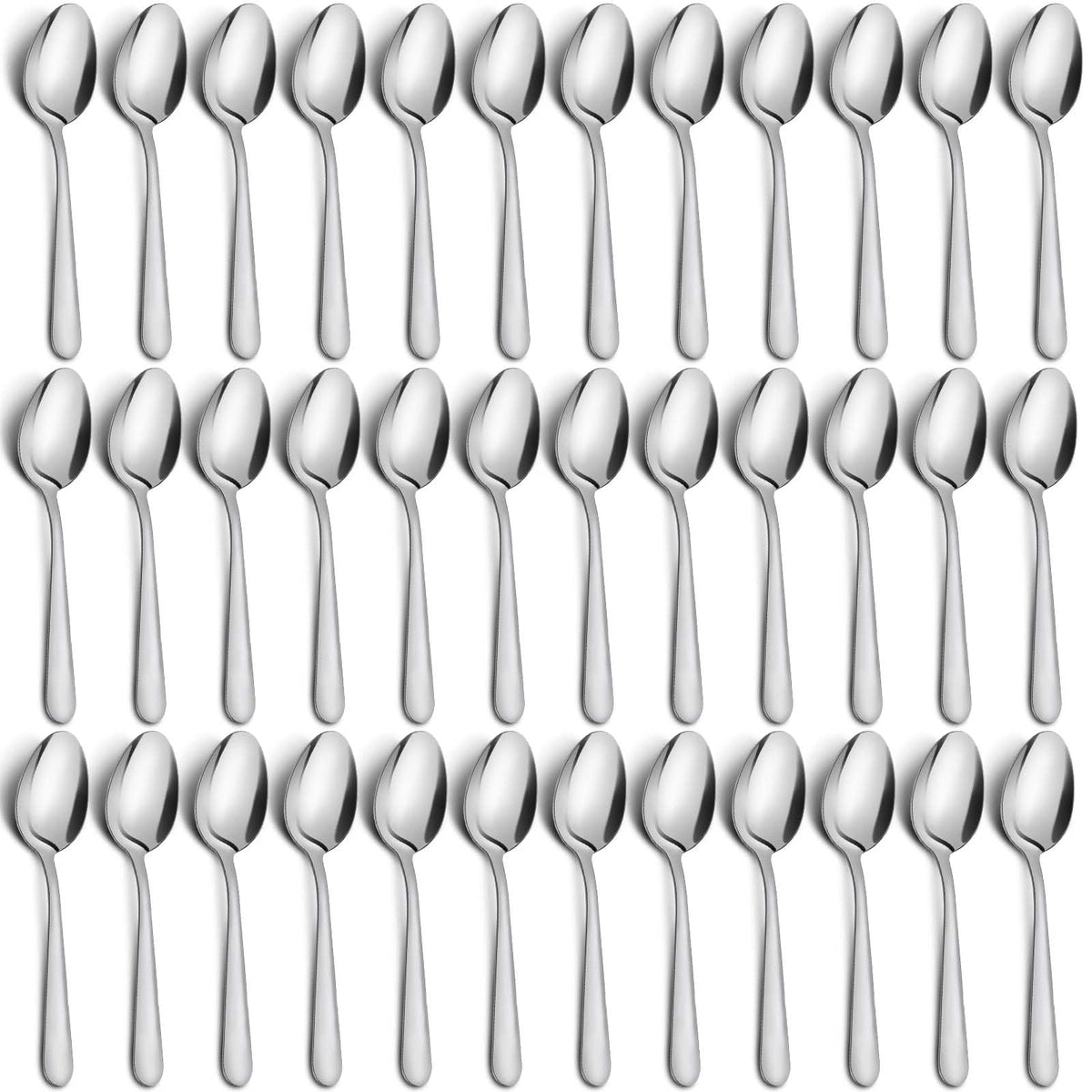 Funnydin 36-piece teaspoon set in a kitchen drawer with mirror-polished finish.