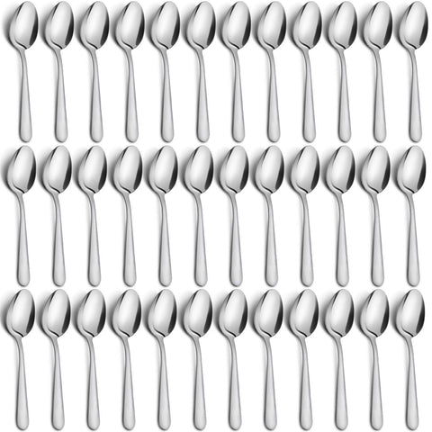 Funnydin 36-piece teaspoon set in a kitchen drawer with mirror-polished finish.