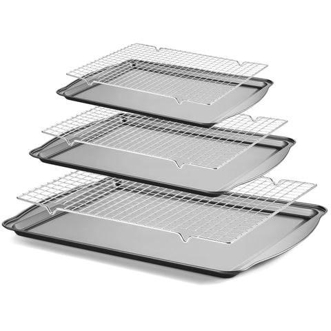 Funnydin baking pan set photo showing all three pans and racks for cookies, roasts, and veggies