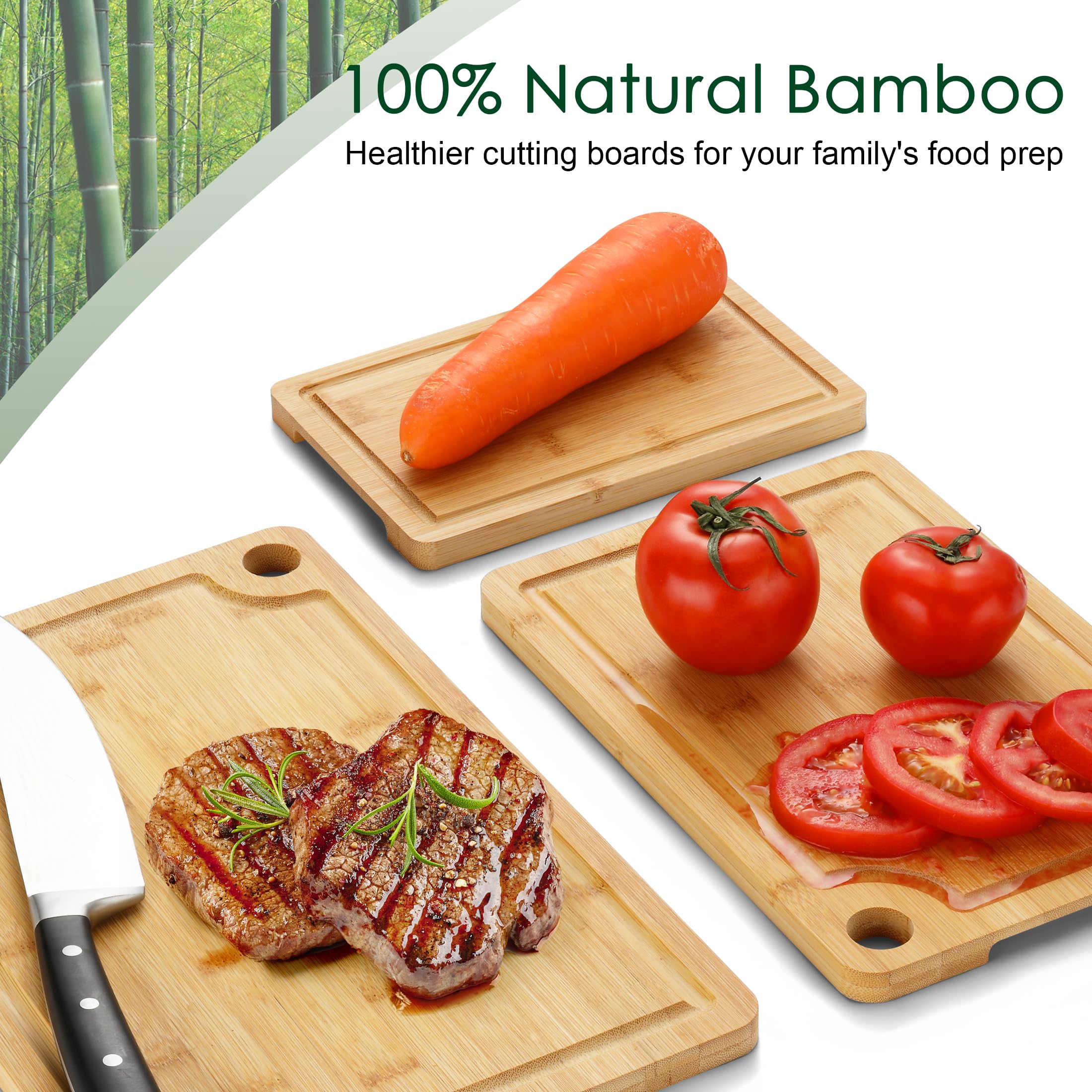 Funnydin bamboo cutting board with deep juice grooves catching liquids
