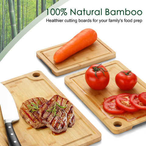 Funnydin bamboo cutting board with deep juice grooves catching liquids