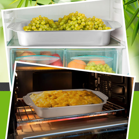 Funnymoom rectangle baking pan with handles in 9x13 size for stable transfers.