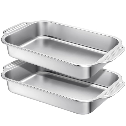 Funnymoom two-pack stainless steel cake pans with handles for even baking.