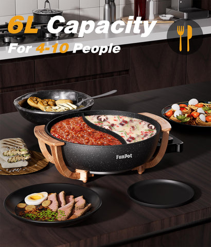 FunPot wood grain handles for cool-to-touch, secure serving.