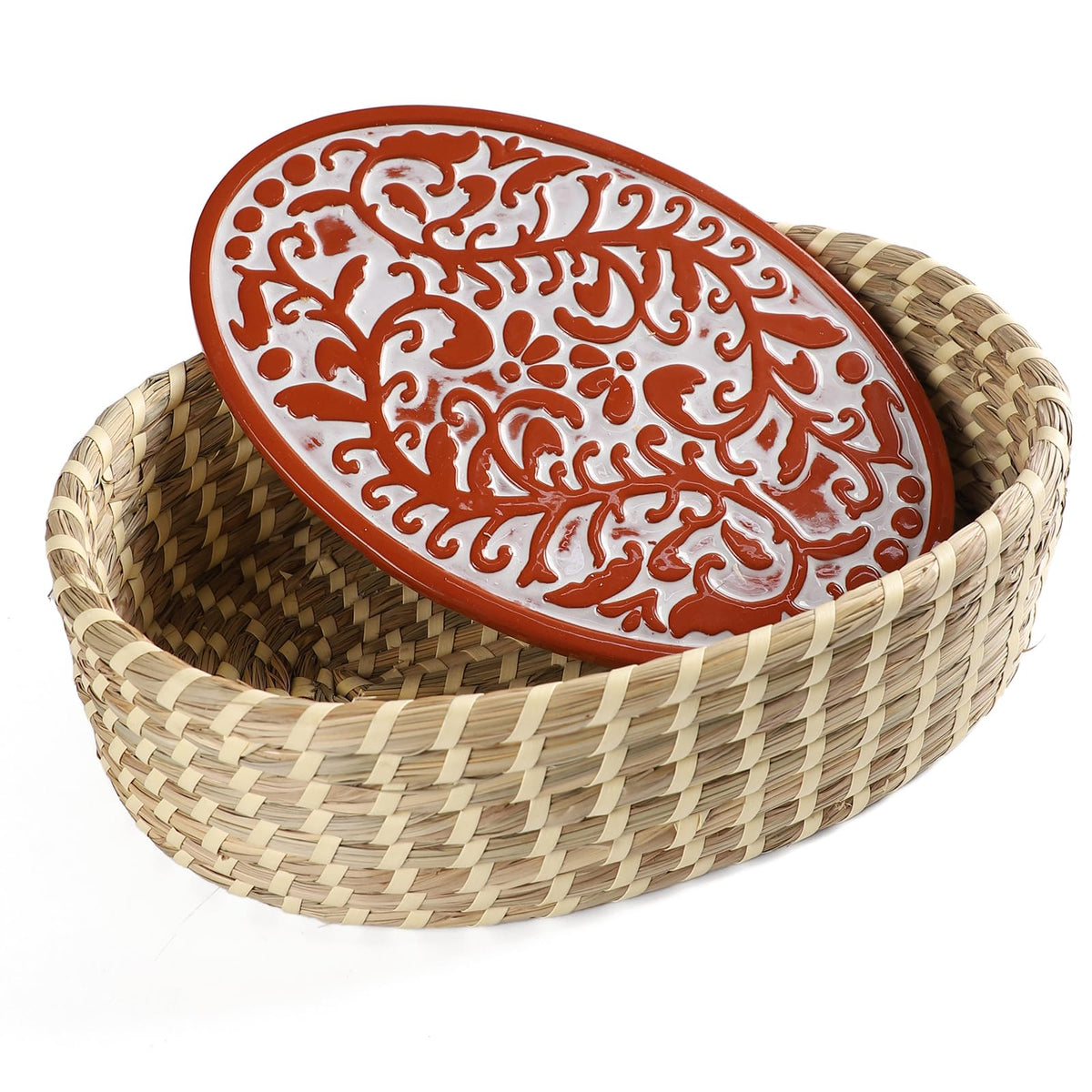 FunSky Hostess terra cotta bread warmer basket with stone keeps bread warm at gatherings.