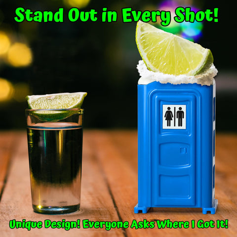 Funwares Porta Potty shot glasses in man cave display ready for laughs
