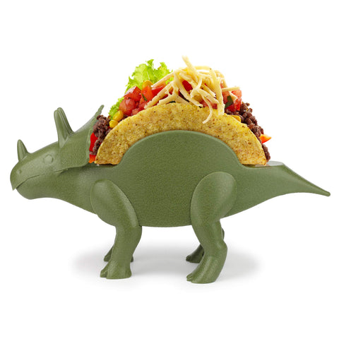 Funwares Tricerataco dinosaur-taco-holder cradles two tacos for mess-free meals.