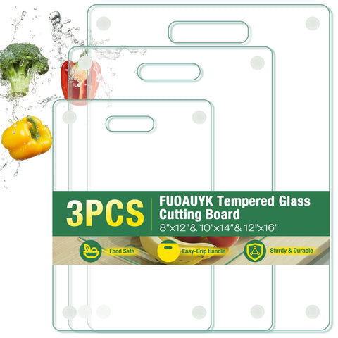 FUOAUYK three-piece glass cutting boards in 8x12, 10x14, 12x16 sizes for versatile prep