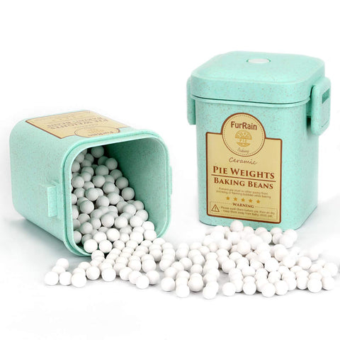 FurRain ceramic pie weights with wheat straw container for even blind baking.