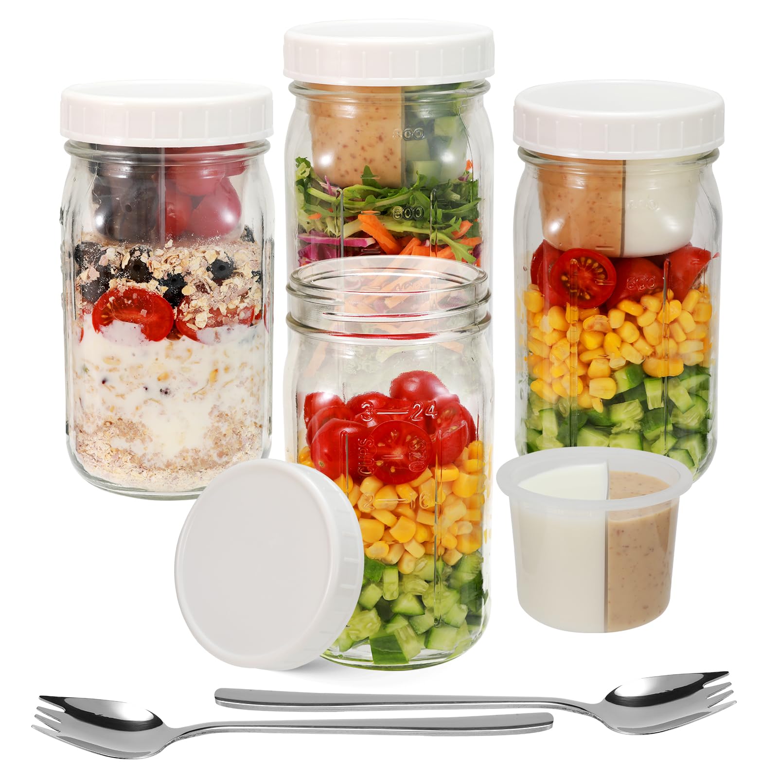Fusnugk 4-pack glass salad jars for versatile meal prep and fresh lunches.