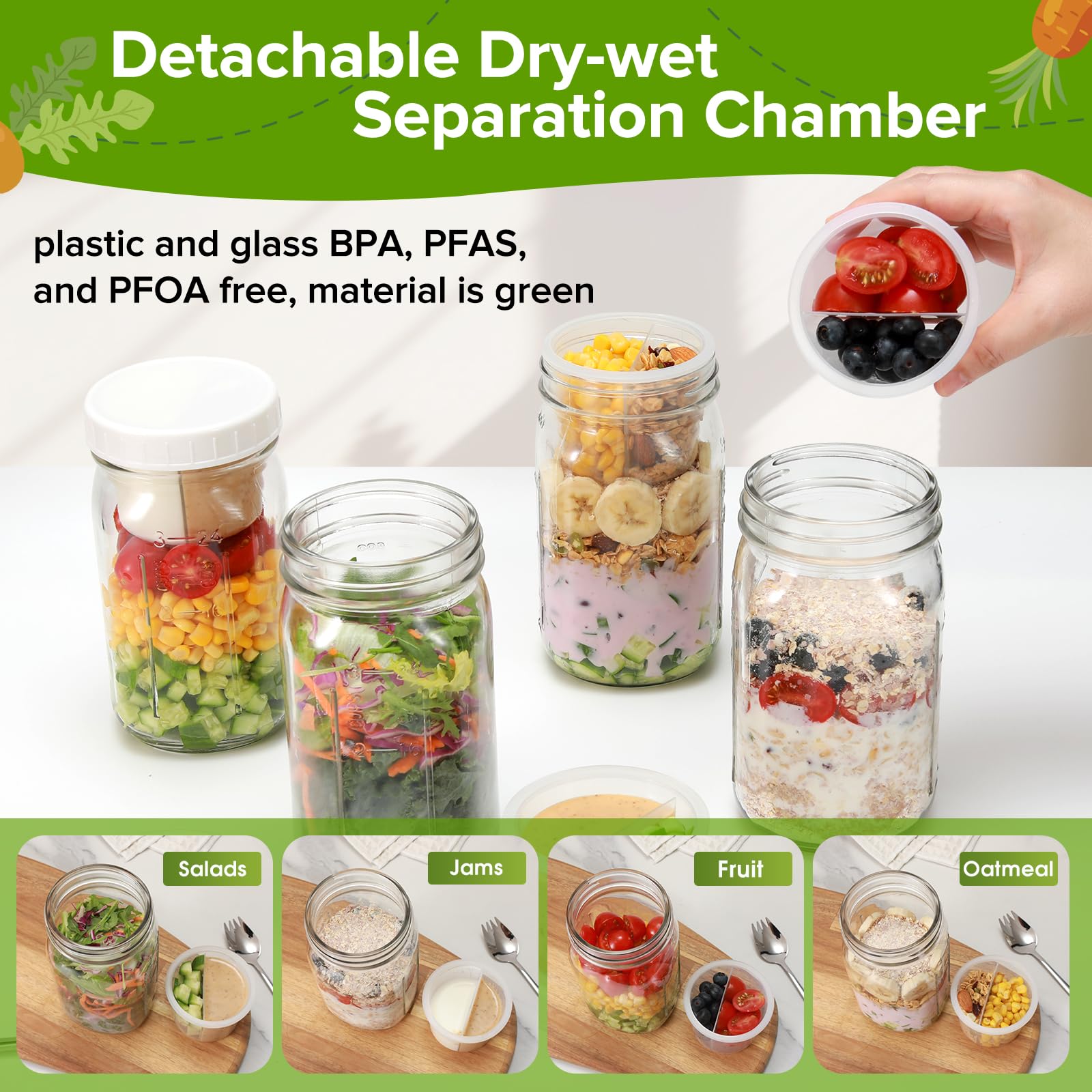 Fusnugk glass salad container with separate compartments keeps dressings separate.