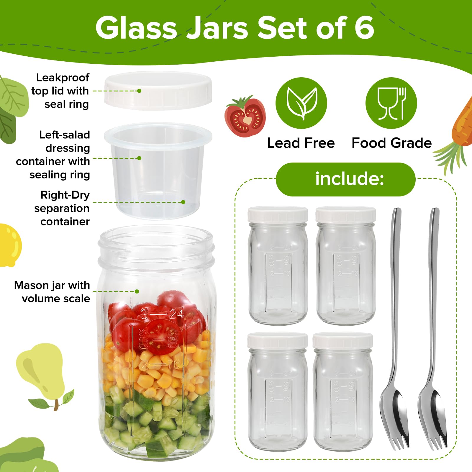 Fusnugk wide-mouth mason jar with dressing compartment for easy mixing.