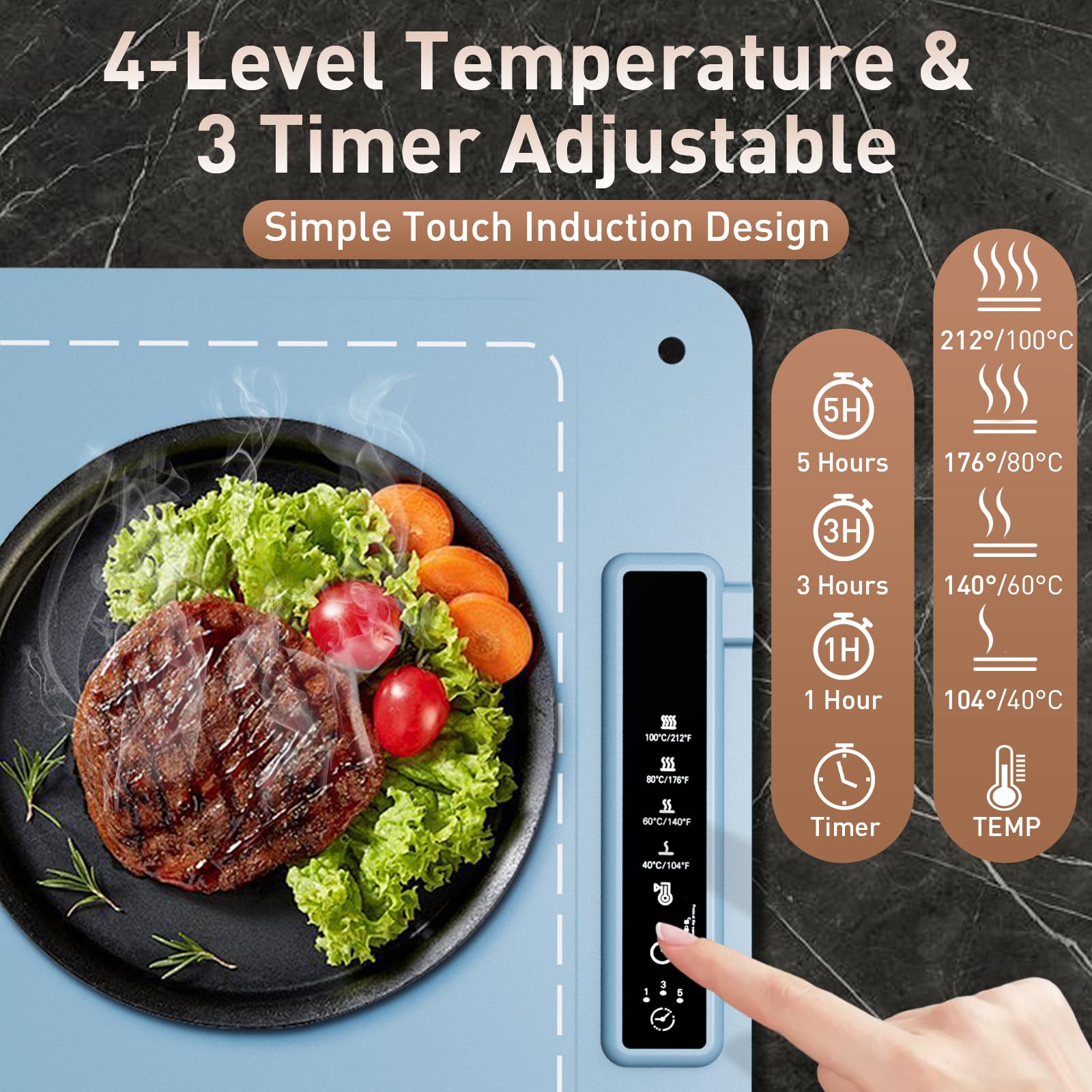 Fussion mat offers 4-temperature settings for customizable warming of dishes.