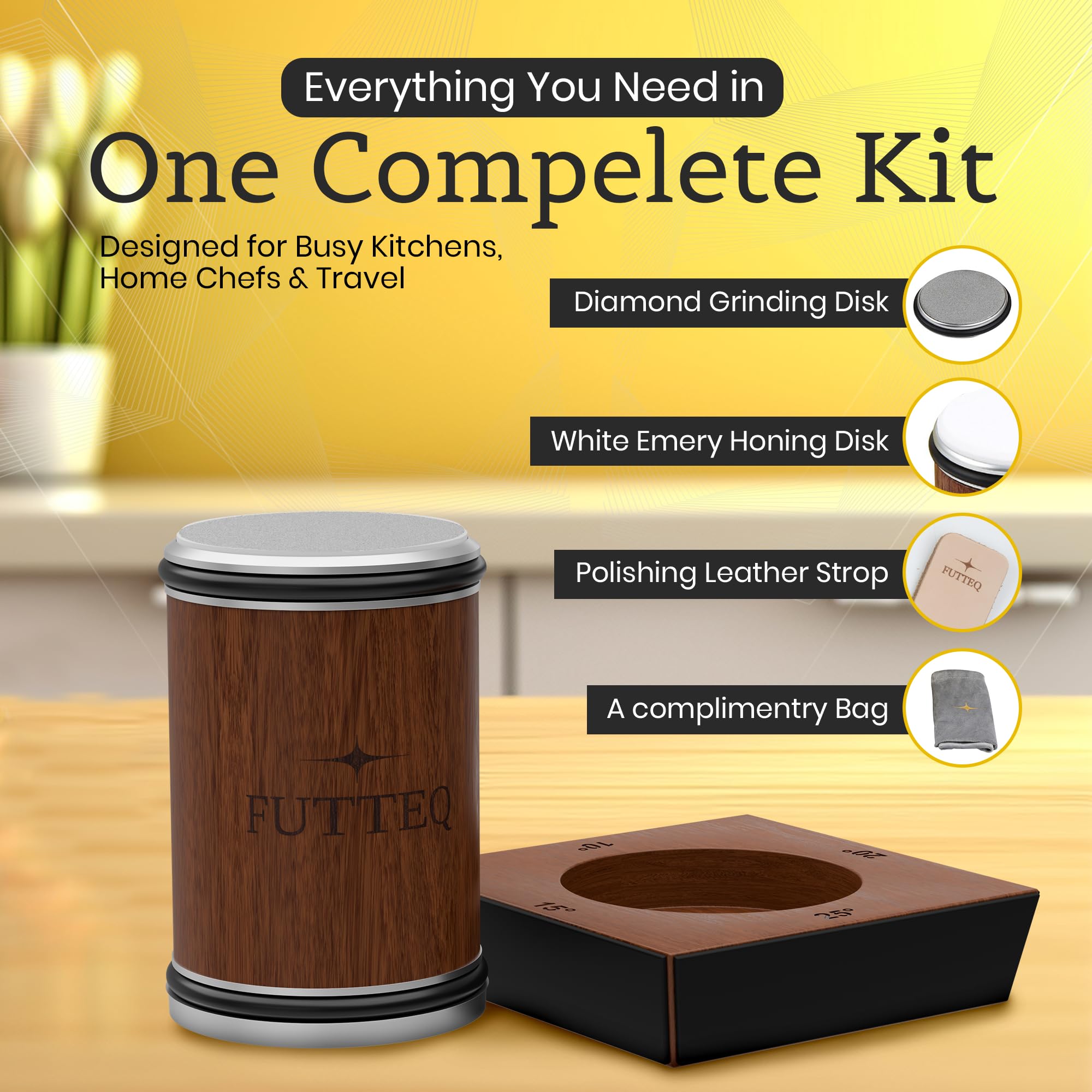 FUTTEQ angle guide illustrates 10°–25° blade sharpening options