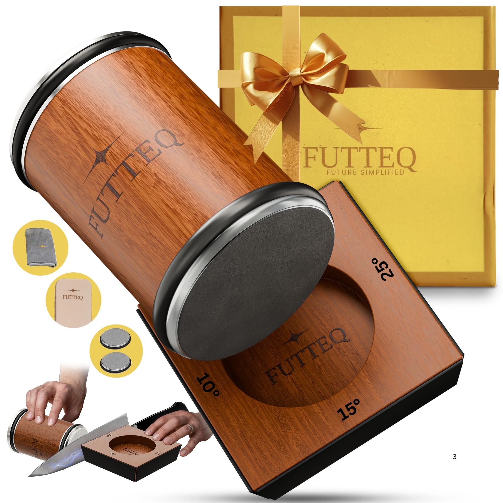 FUTTEQ tumbler sharpener kit cover shows a compact, portable sharpening setup