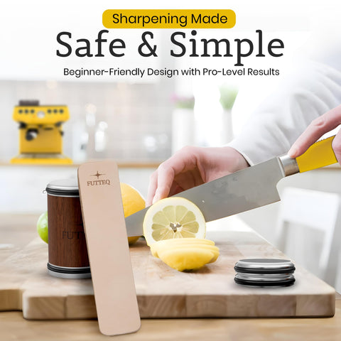 FUTTEQ magnetic holder shows safe, guided sharpening at precise angles