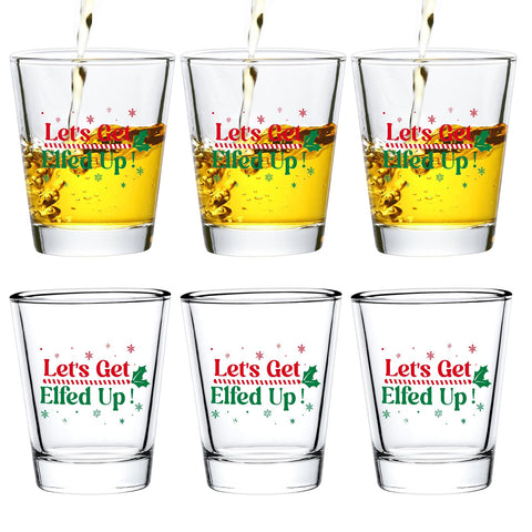 Futtumy Elfed Up shot glasses 6-pack on a festive table for Christmas toasts.