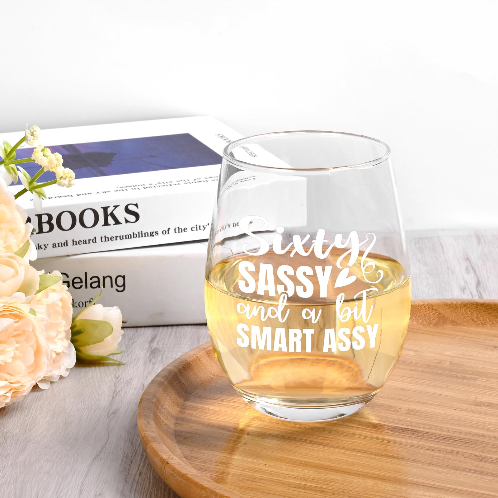 Futtumy sixty-sassy wine glass engraved text adds gift appeal.