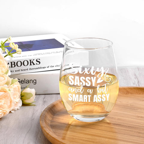 Futtumy sixty-sassy wine glass engraved text adds gift appeal.