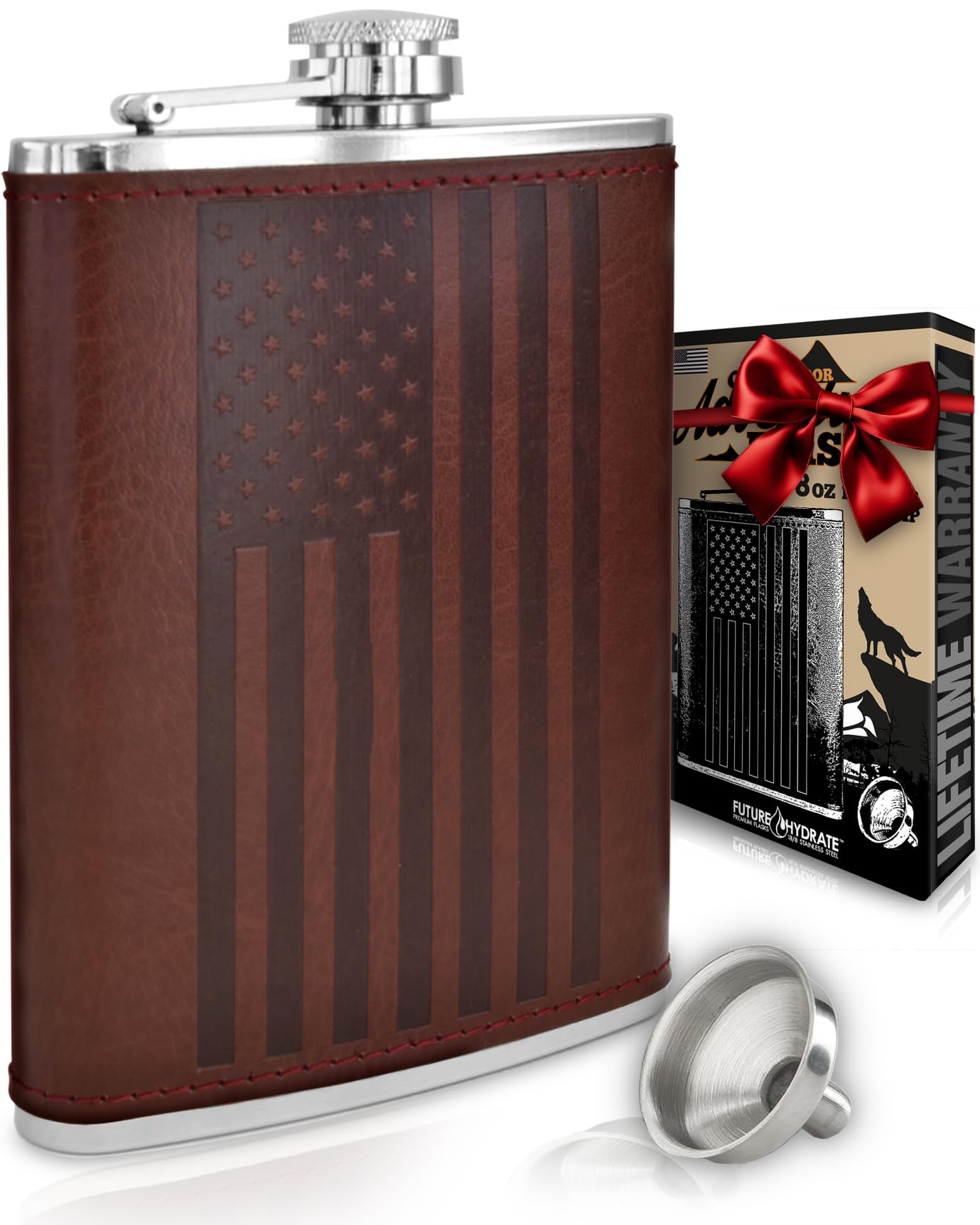 Future Hydrate leather-flag-flask wrap for rugged on-the-go celebrations and outdoor sipping.