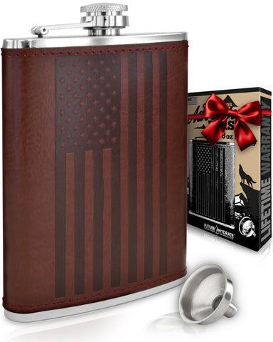 Future Hydrate leather-flag-flask wrap for rugged on-the-go celebrations and outdoor sipping.