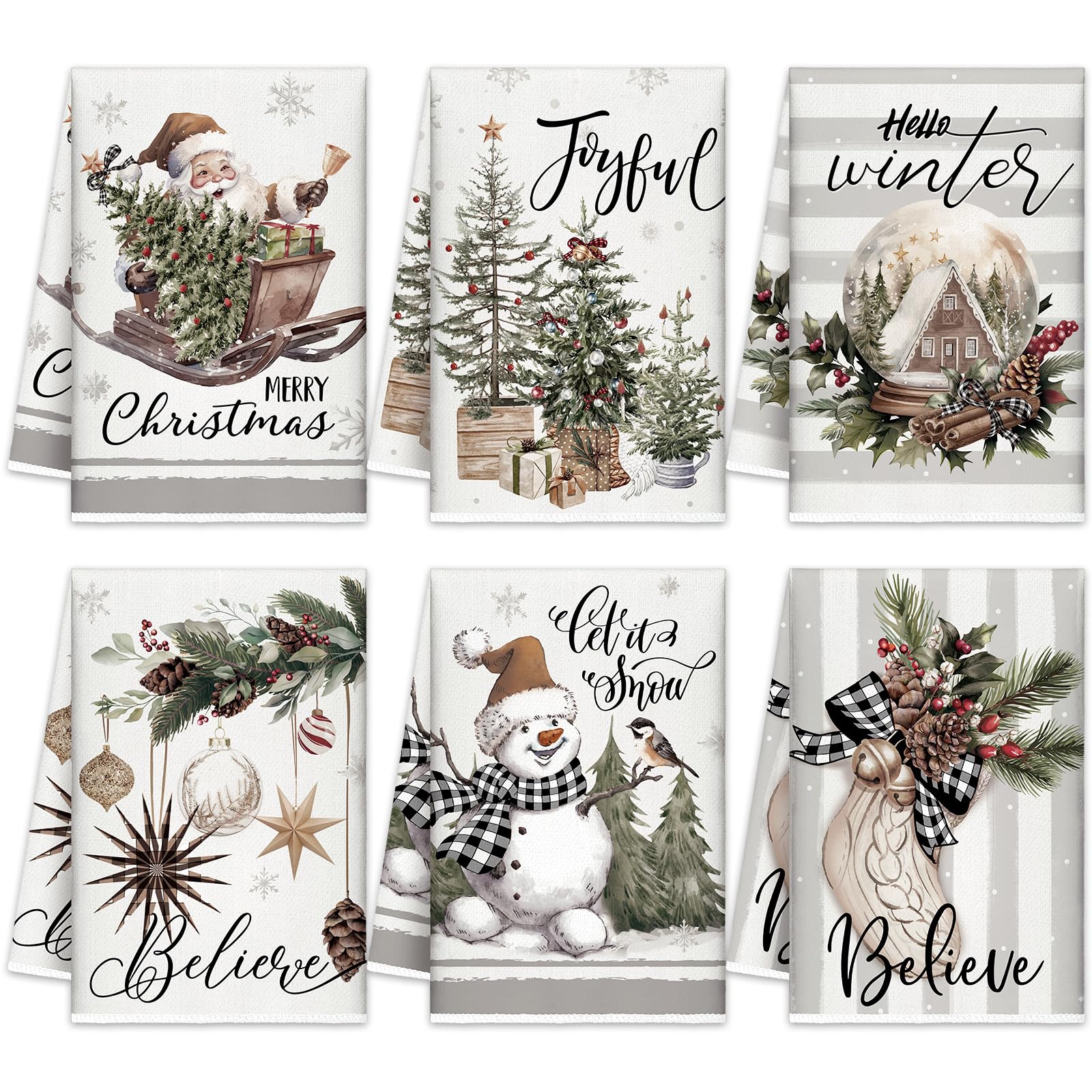 FuWeave Christmas kitchen towels flatlay in neutral gray and white for festive dining use