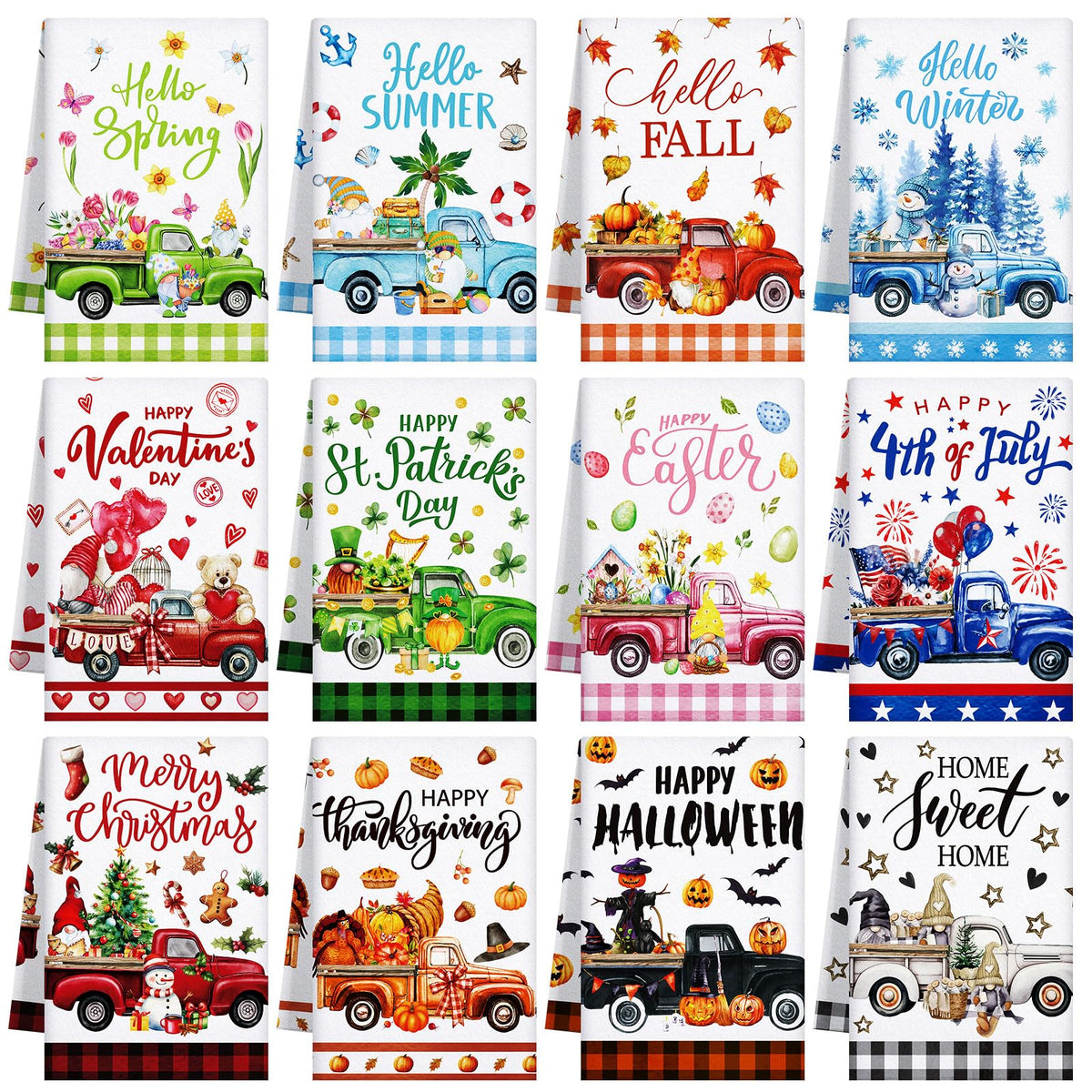 FuWeave truck-style seasonal towel design for quick dish drying and seasonal decor.