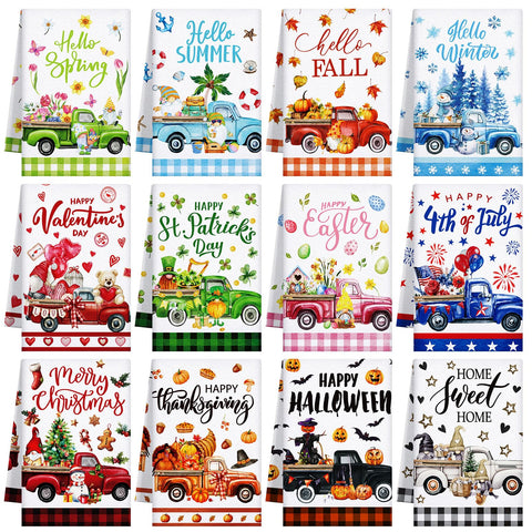 FuWeave truck-style seasonal towel design for quick dish drying and seasonal decor.
