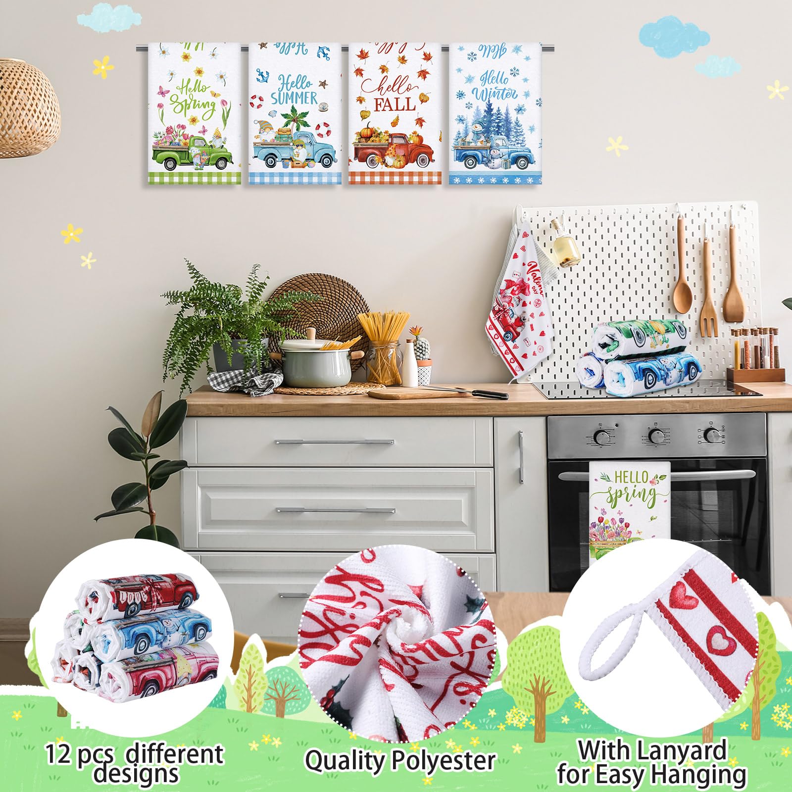 FuWeave seasonal kitchen towel with truck motif, great for hand-drying and decorating countertops.