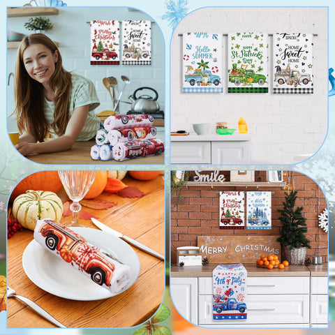 FuWeave seasonal towels with truck prints, durable material that withstands frequent washing.