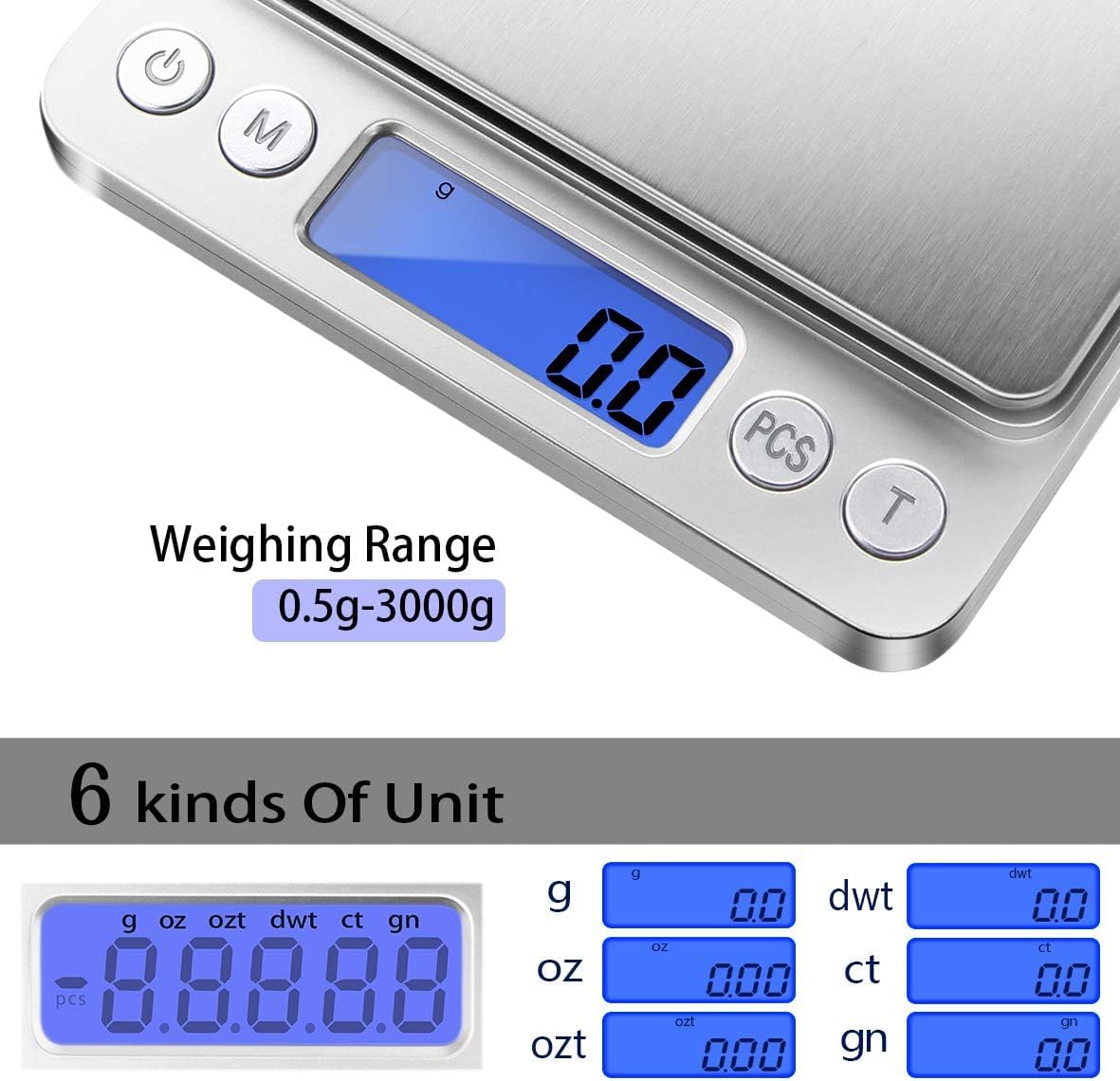 Fuzion digital kitchen scale showing six measure modes for versatile cooking